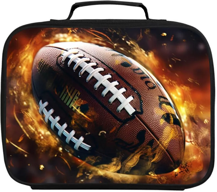 American Football Lunch Box for Boys Girls, Rugby Sports Kids School Lunch Bag, Inner Insulated Layer, Polyester Fabric, Leak-proof Children Lunchbox, Double Zipper