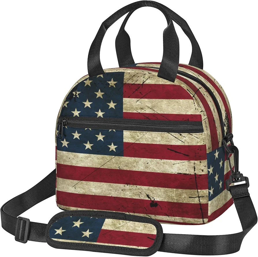 American Flag Lunch Bag for Women, Reusable USA Flag Patriotic Lunch Box for Boys Girls, Insulated Cooler Bag Lunch Tote Bag with Shoulder Strap for School Office Picnic Travel