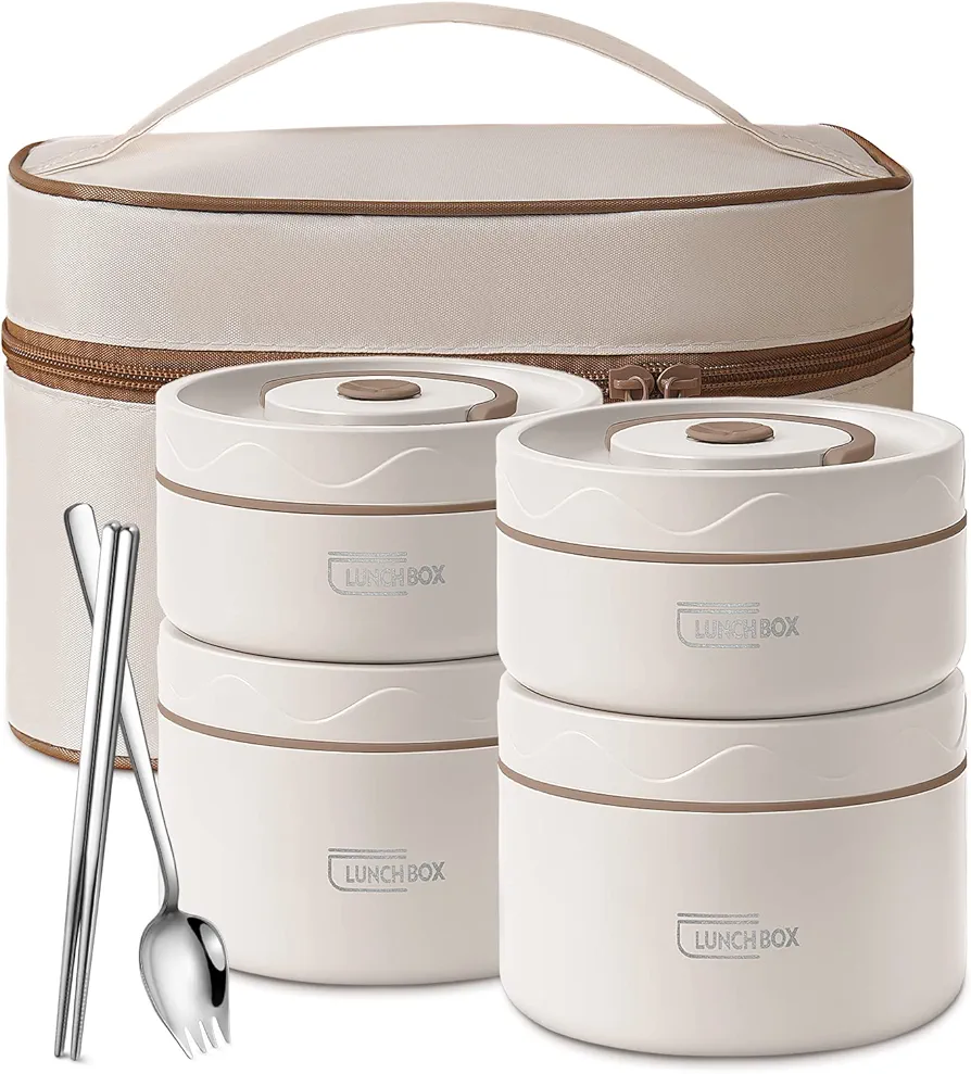 QQKO Portable Insulated Food Lunch Container Set with Thermal Lunch Box, 3 Separate Stackable Lunch Container for Adult Kids Men Women, 66 Oz/8.25 Cup (White, 4-Tier)