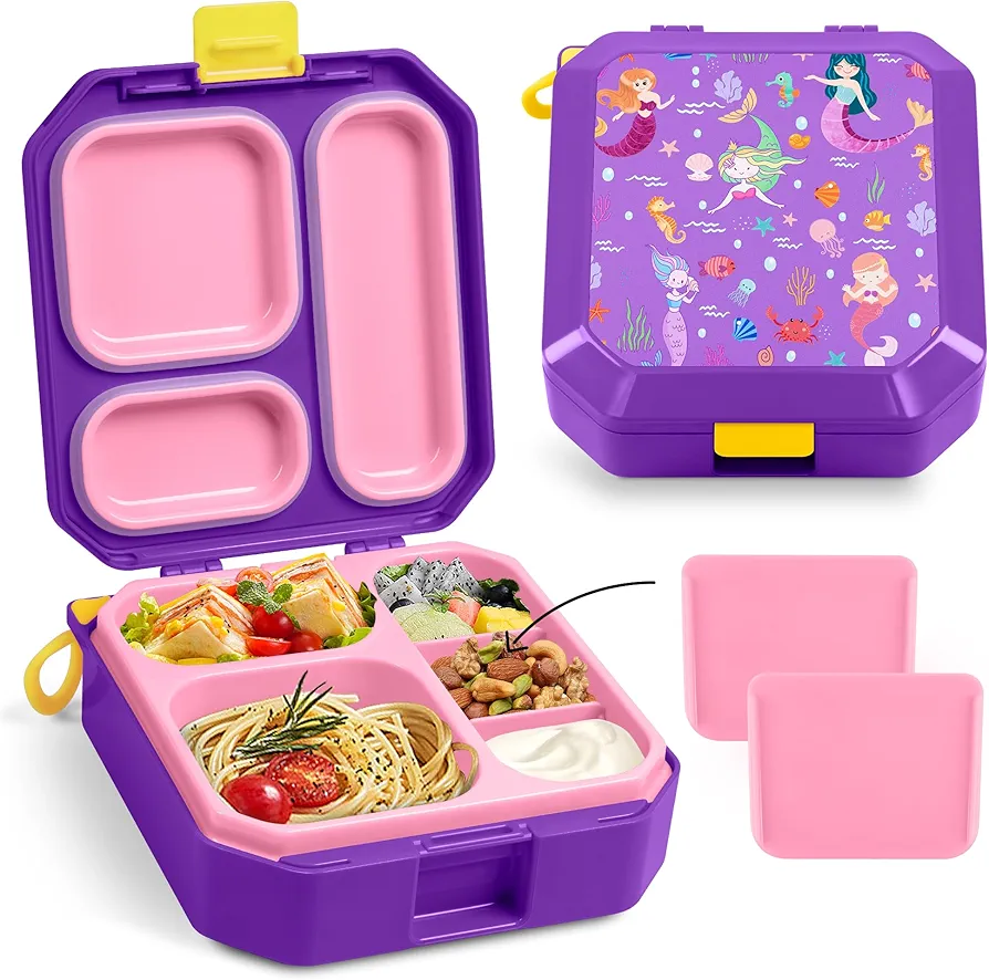Mermaid Lunch Box for Girls, Kids Bento Lunch Box With 5 Compartments, Kids Lunch Containers, Birthday Gifts for Ages 3-7 Back to School Toddler Girls, Food-Safe Materials