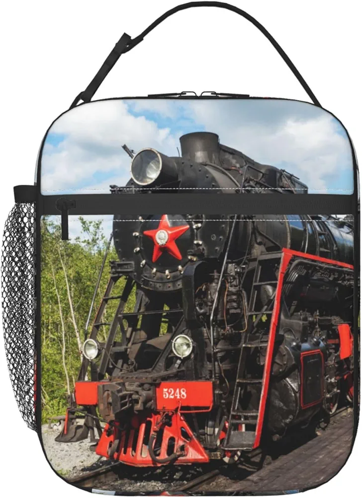 Cool Train Retro Railway Lunch Bag Insulated Reusable Lunch Box Lunch Tote Lunchbox Portable Bento Bags For Men Women Office Work Travel Picnic Camping