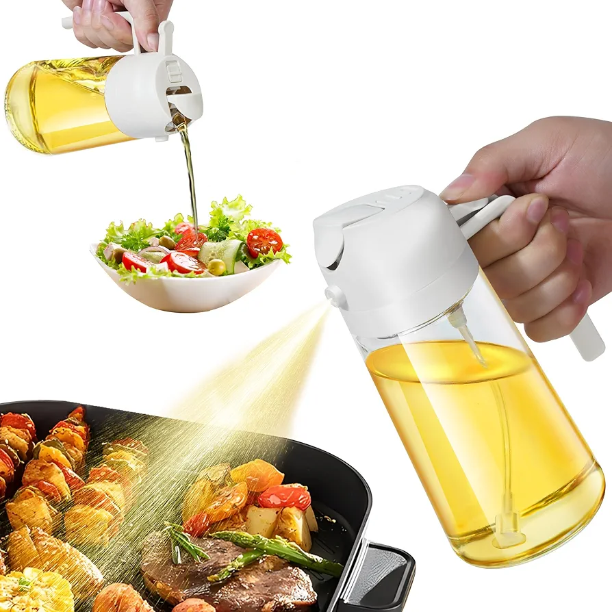 Oil Dispensing, Oil Sprayer For Cooking, Oil Dispenser For Kitchen, 2 in 1 Olive Oil Dispenser And Oil Sprayer 16oz/470ml For Cooking, Kitchen, Salad, Barbecue (White)