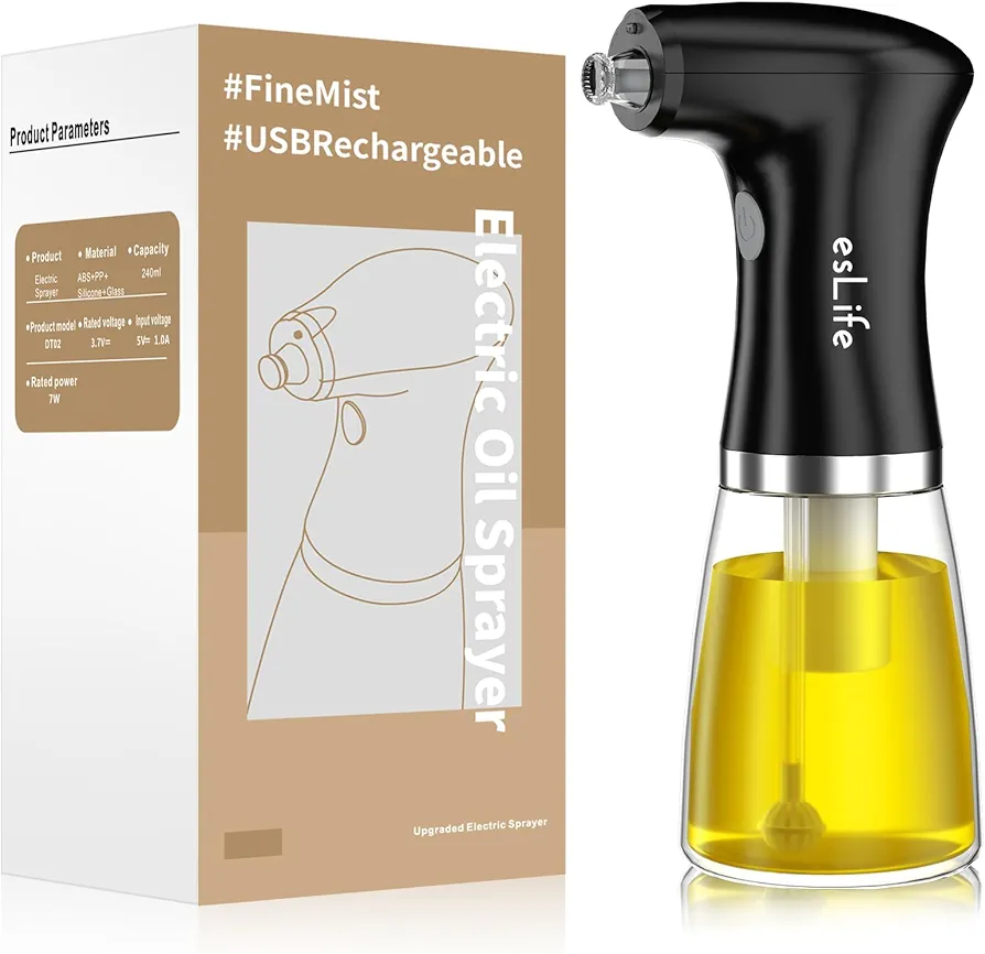 Electric Oil Sprayer for Cooking, 8oz USB Rechargeable Oliver Oil Mister Bottle Gadgets for Kitchen Salad, Air Fryer, Baking, BBQ, Elevate Your Culinary Delights, Black