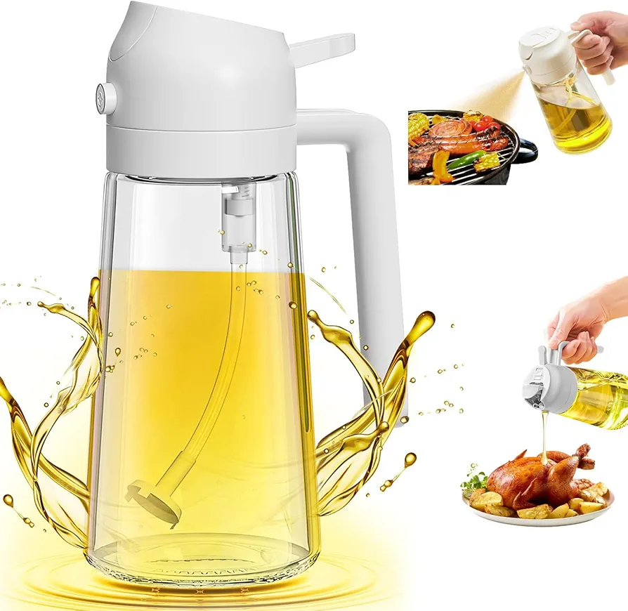 Oil Dispenser for Kitchen, 2 in 1 Oil Dispenser and Oil Sprayer, 16oz/470ml Premium Glass Oil Bottle, Oil Sprayer for Cooking, Oil Mister for Air Fryer, Salad, Frying, BBQ (White)
