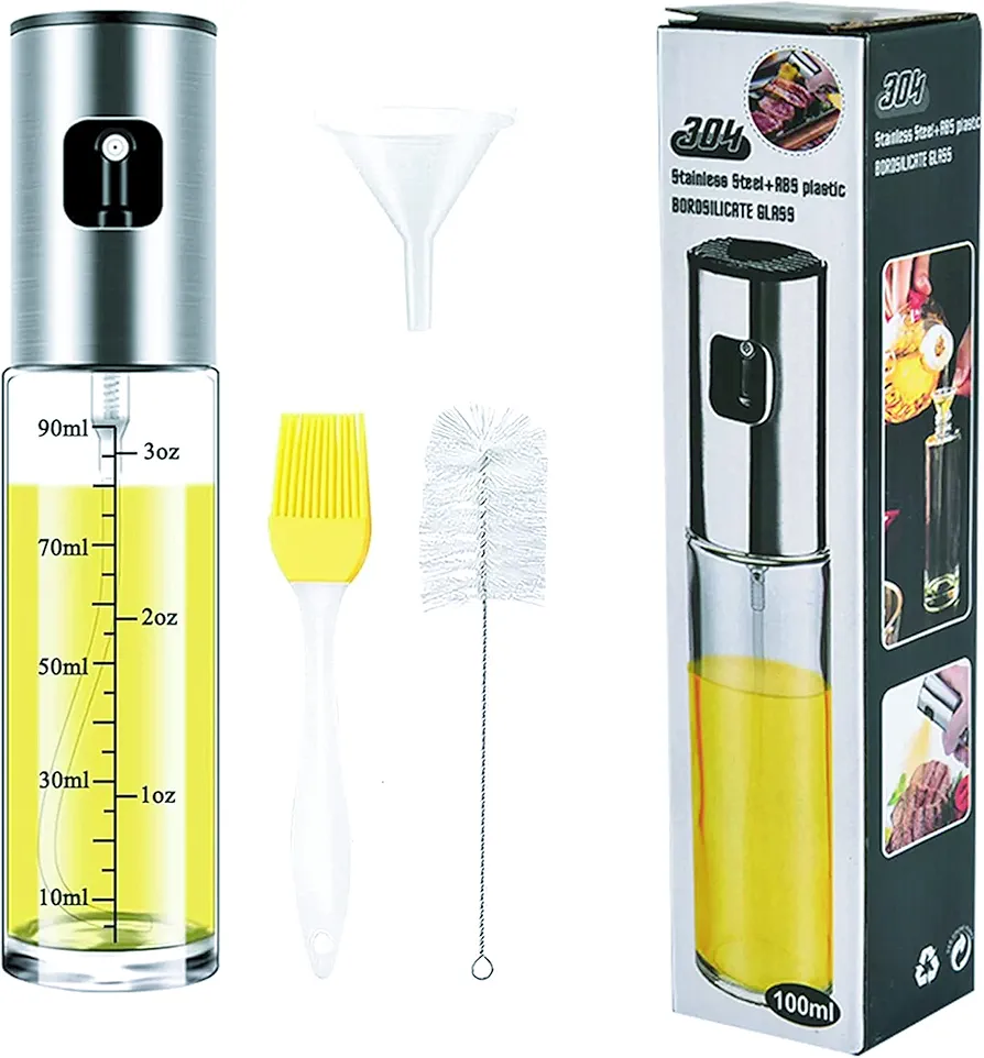 KITCHENTOOL Glass Kitchen Oil Sprayer Set - BBQ Cooking Mister Stainless Sprayer - Refillable 100ML - Baster - Brush Cleaner