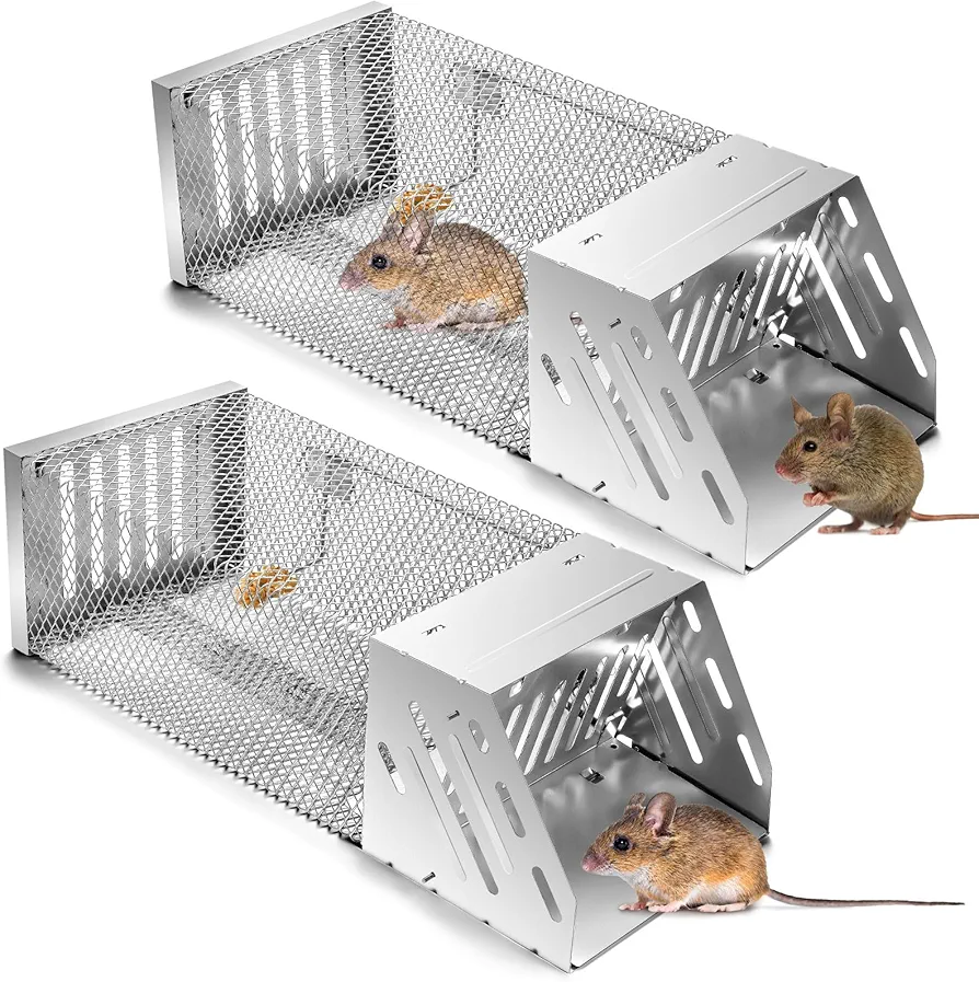 Qualirey 2 Pack Large Humane Rat Trap 15 Inches Combined Automatic Continuous Rat Trap Cage Reusable Rat Traps Indoor for Home Rat Traps Catch and Release Outdoor Mouse Single Door Metal Rat Trap