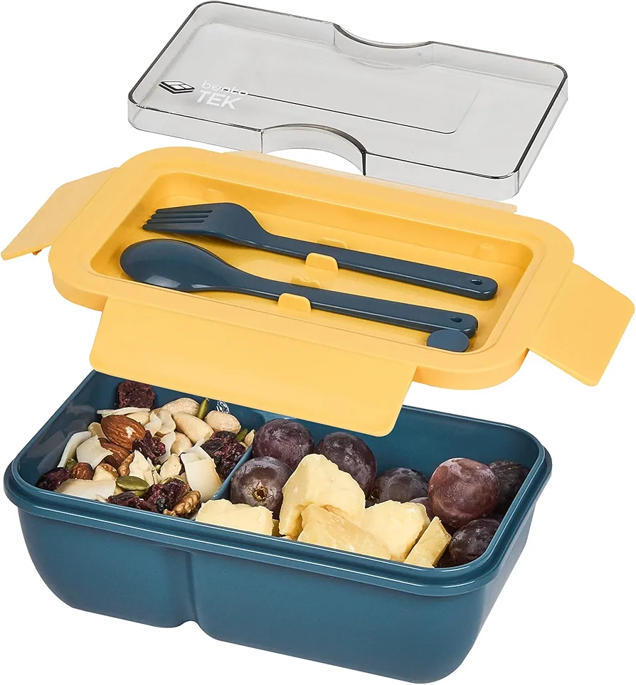 Restaurantware Bento Tek 28.7 Ounce Bento Box, 1 Reusable Lunch Container - With Fork And Spoon, Does Not Contain BPA, Blue And Yellow Plastic Reusable Lunch Box, Microwavable, Dishwashable