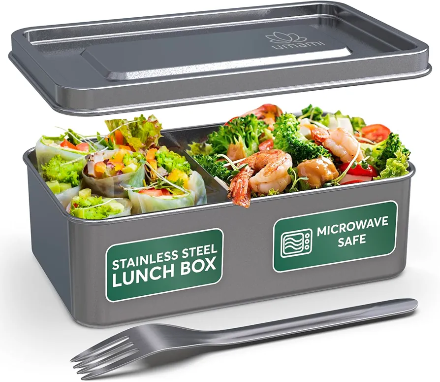 Umami Stainless Steel Bento Box Adult w/Fork & Divider, Microwave Safe (Yes!) & Dishwasher Safe, 100% Leakproof, Large Stainless Steel Metal Lunch Container for Adults
