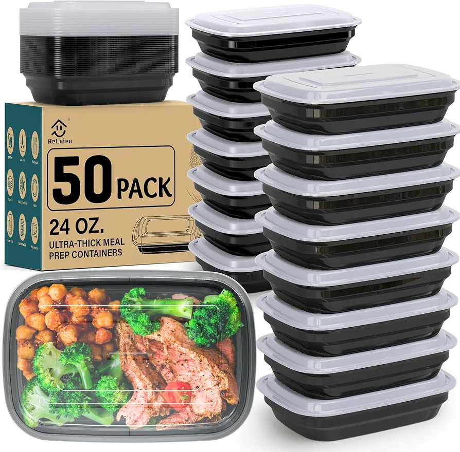 50 Pack Meal Prep Containers Reusable, 24 oz Food Storage Containers with Lids, Sturdy Leakproof & Stackable, Take Out Plastic Bento Lunch Box To Go, BPA Free, Microwave,Dishwasher & Freezer Safe