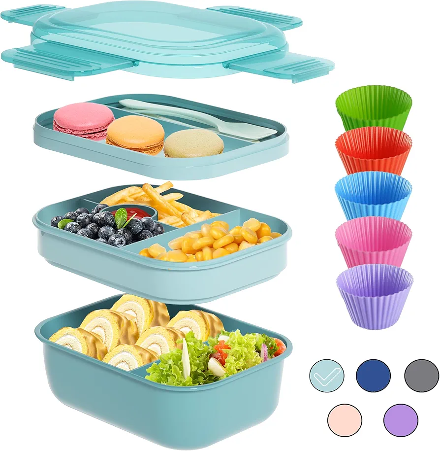 Bento Box Adult Lunch Box, Bento Lunch Box with 5 Silicone Cupcake Liners, Leak-proof Bento Lunch Box Containers 3 Tiers 50oz, 6compartments Large Capacity for Working Green