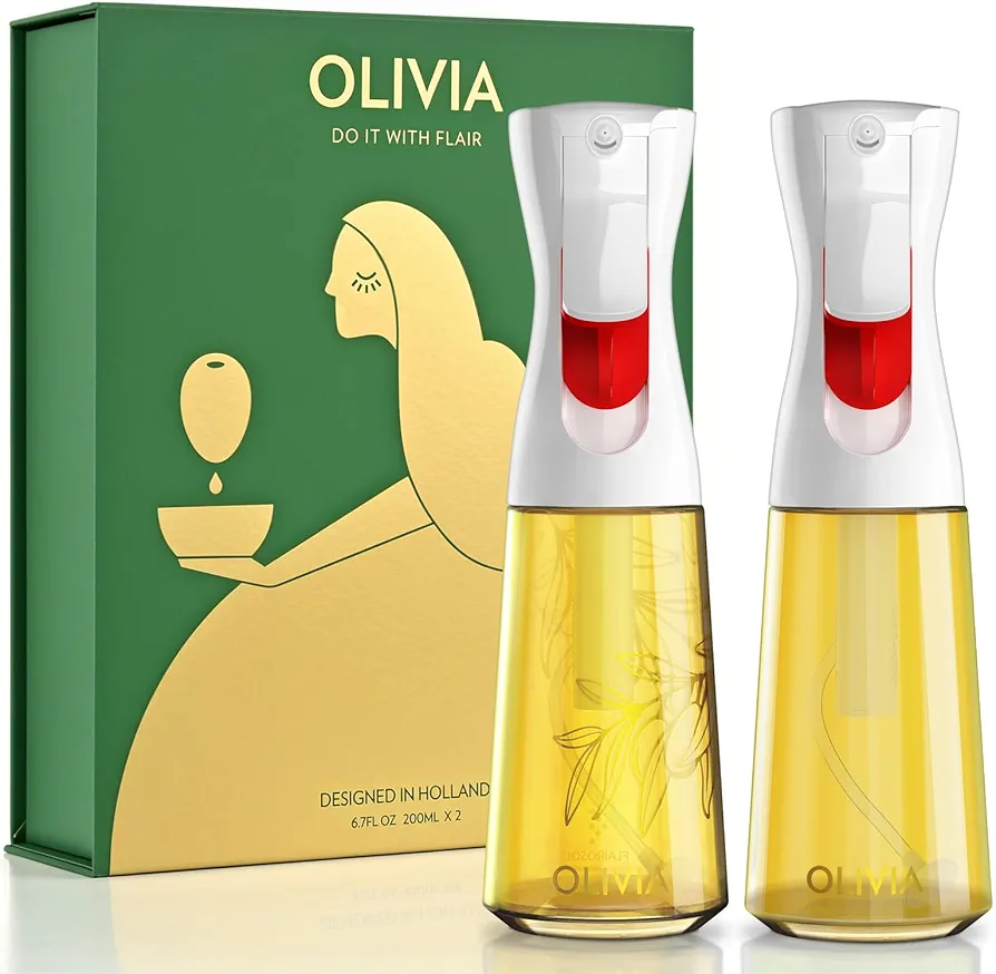 FLAIROSOL OLIVIA Oil Sprayer for Cooking, 2 Pack Glass Olive Oil Sprayer, 200ML Oil Dispenser for Kitchen, Continuous Oil Spray Bottle with Portion Control for Air Fryer, Salad, BBQ, White