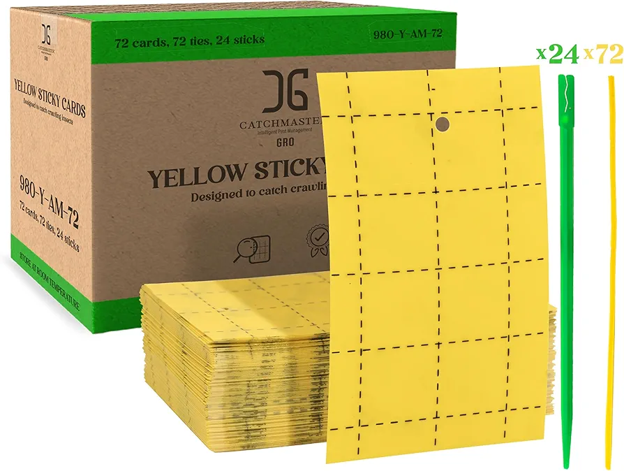 Catchmaster GRO Yellow Sticky Trap 72PK, Adhesive Outdoor Insect Trap, Protect Live Plants Indoor, Bug, & Fruit Fly Trap, Glue Traps for Home, Farm, Garden, Hydroponics, & Greenhouse, Pest Control