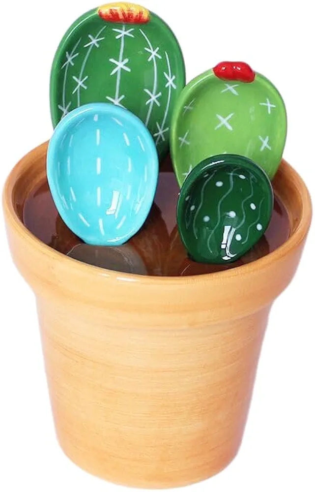 Creative Cactus Ceramic Baking Weighing Spoon-Home Kitchen Ceramic Salt Sugar Small Spoon Cactus Decor with Base (4colors No lace, 16cm)
