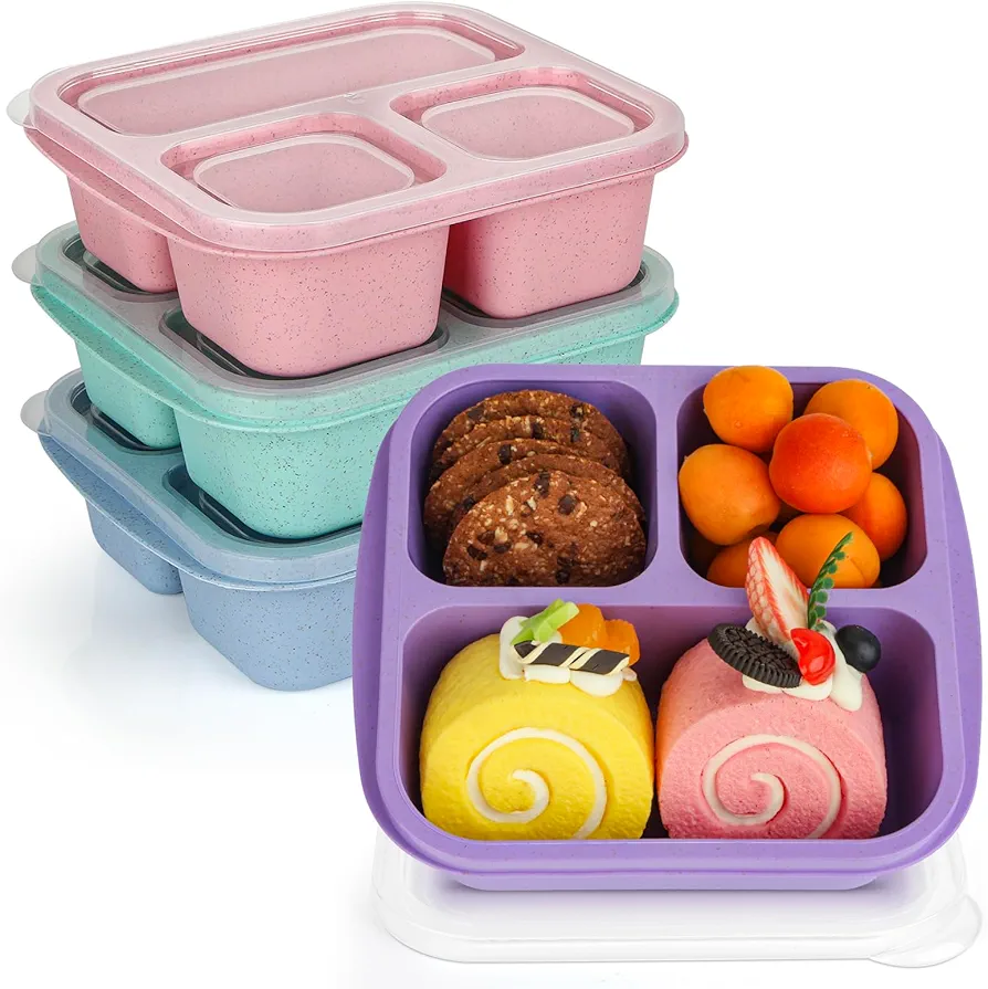 Snack Box Containers 4 Pack, 3 Compartments Bento Box for Kids, Lightweight Adults Lunch Containers, Meal Prep Containers Reusable BPA Free (wheat)