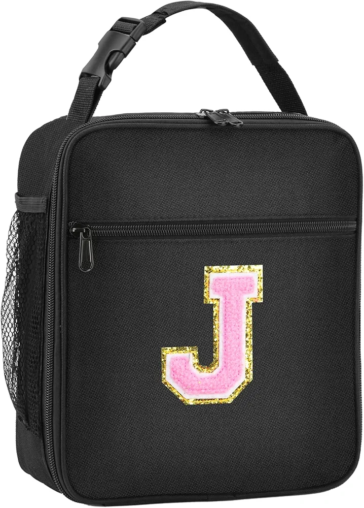 Initial Insulated Lunch Bag, Lunch Box with Initial Letter Patch for Teen Adult, Reusable Lunch Bag for Men Women, Ideal Back to School Gift Birthday Gift, Pink J