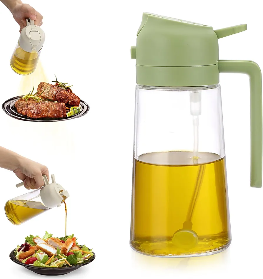 17oz Olive Oil Dispenser Bottle for Kitchen, 2 in 1 Oil Dispenser and Oil Sprayer for Cooking, Oil and Vinegar Dispenser for Air Fryer BBQ Salad Baking Roasting, Green