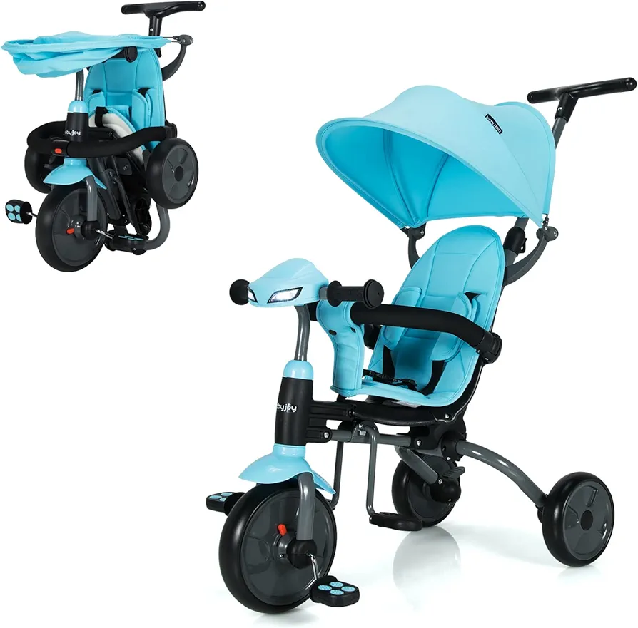 BABY JOY Tricycle, 6 in 1 Folding Toddler Bike W/Removable Push Handle, Adjustable Canopy, Safety Harness, Interesting Music Box Headlight, Trike for Kids 1.5-5 Year Old, Tricycle for Toddlers (Blue)