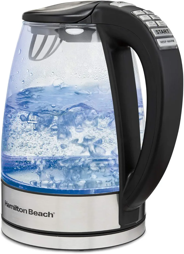 Hamilton Beach 1.7L Electric Tea Kettle, Water Boiler & Heater, LED Indicator, Built-In Mesh Filter, Auto-Shutoff & Boil-Dry Protection, Cordless Serving, Variable Temp, Clear Glass (40941R)