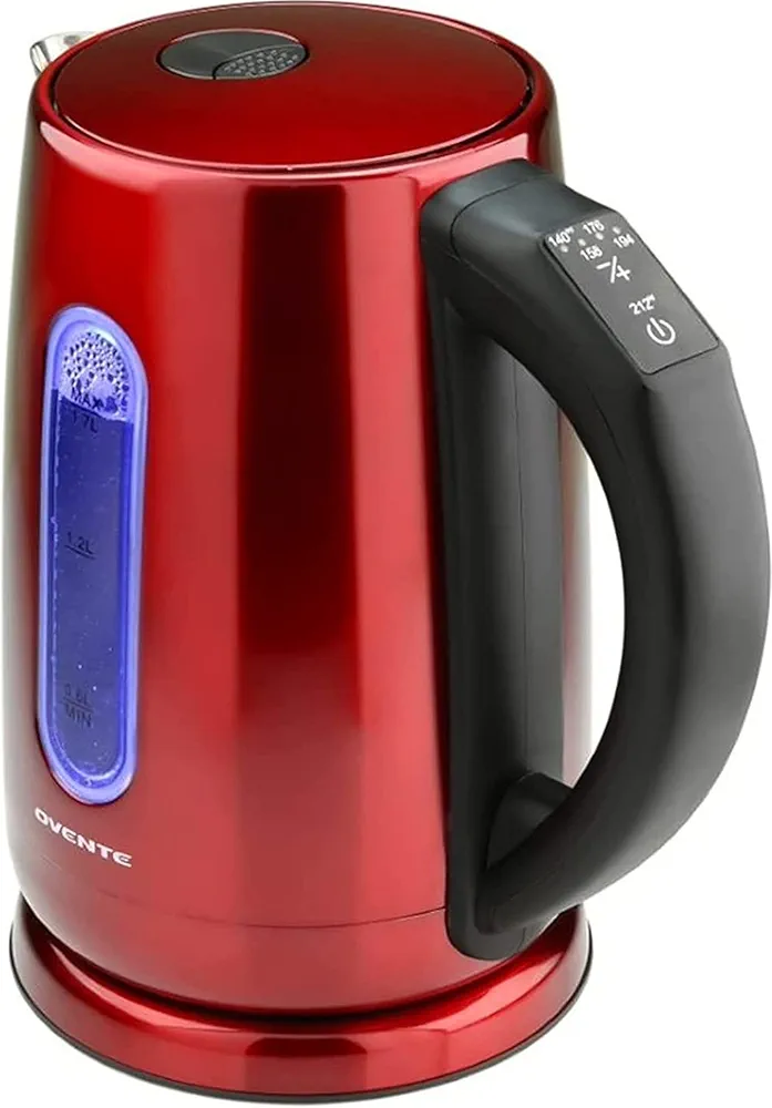OVENTE Electric Tea Kettle Stainless Steel 1.7 Liter Instant Water Boiler Heater Cordless with Temperature Control, Automatic Shut Off and Keep Warm Function for Coffee Milk Chocolate Red KS58R