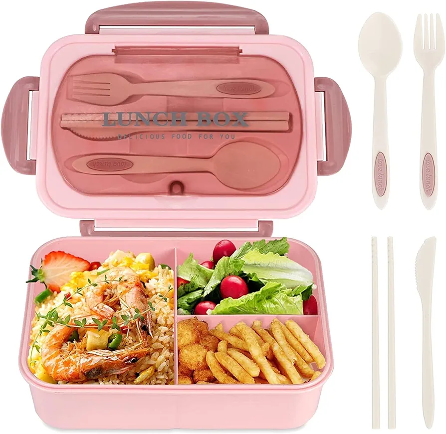 Bento Box for Adult, 1200 ML Lunch Containers for Adults, LeakProof Lunch Box with Utensils, BPA Free, 3 Compartment Bento Box Microwave Safe