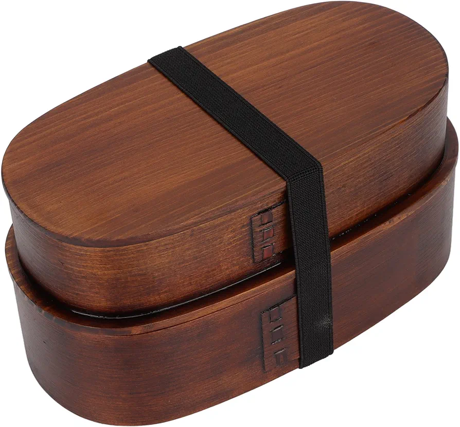 Niiyen Japanese Bento Box Double Lunch Box Wooden Food Container Adult Picnic Box Portable Bento Box for Office Hiking Camping Potluck