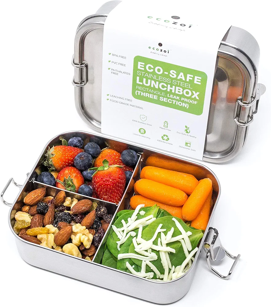 Stainless Steel Lunch Box, Leak Proof Metal Bento Box with 3 Compartments, 24 Oz Bento Box, BPA Free Meal Prep Food Container | Bonus 50 ml Sauce Container
