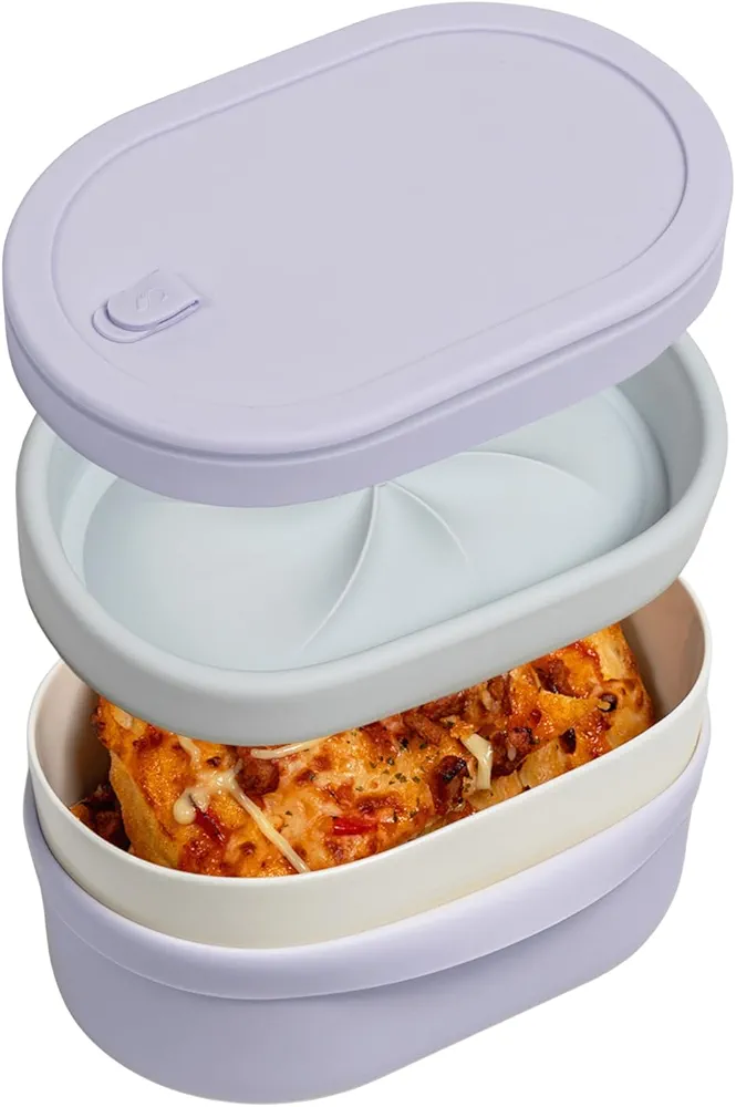 Ceramic Bento Lunch Box with Silicone Lid & Compartment Divider for Adults, Reusable Airtight Meal Prep Food Storage, Sandwich, Snack, Salad Container, Microwave Oven Safe (Lilac, 22 Oz)