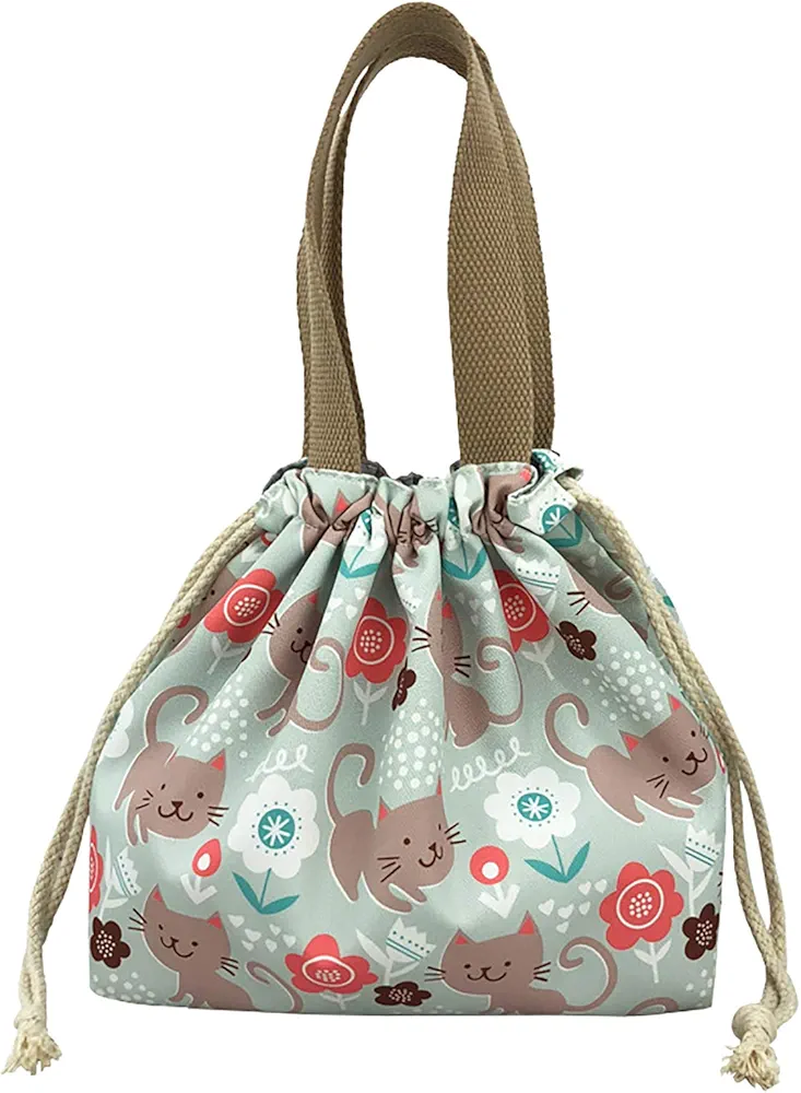 enyuwlcm Mini Lunch Tote Pouch Reusable Small Cute Lunch Bag with Drawstring Suitable for Girls Women Cat Green