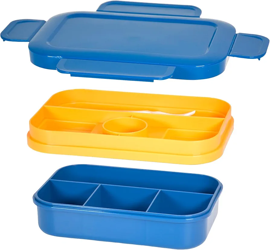 Stackable Bento Lunch Box 8 Compartment Dual Layer Food Storage Container with Utensil Set Leak-Proof Food Grade Salad Sandwich Box for Work Traveling Camping,Blue