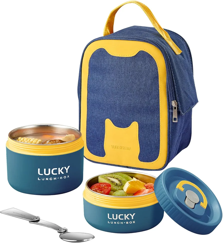 Stainless Steel Thermal Lunch Box,Portable Insulated Lunch Container Set with Thermal Bag & Spoon, Microwave safe Bento Box(Blue, 2 Portion)