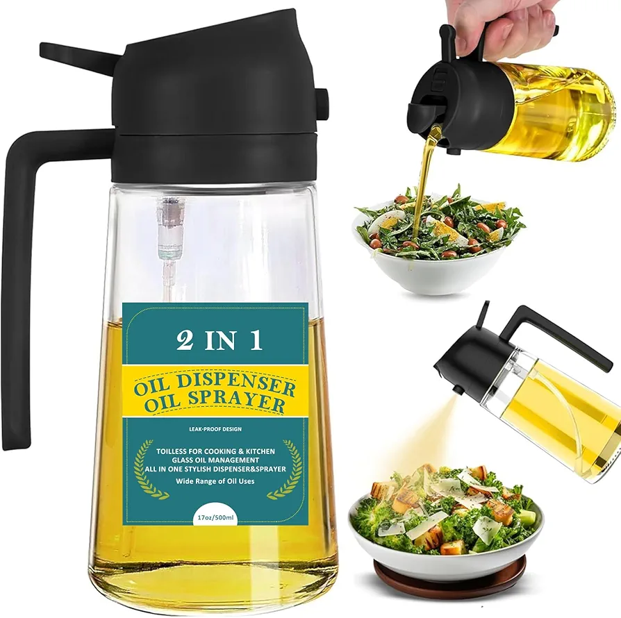 Aimery 2 in 1 Oil Dispenser for Kitchen,Glass Oil Dispenser Sprayer Bottle for Cooking,17oz Olive Oil Dispenser Oil Sprayers,Pour & Oil Mister for Air Fryer,Salad,Barbecue(Black)