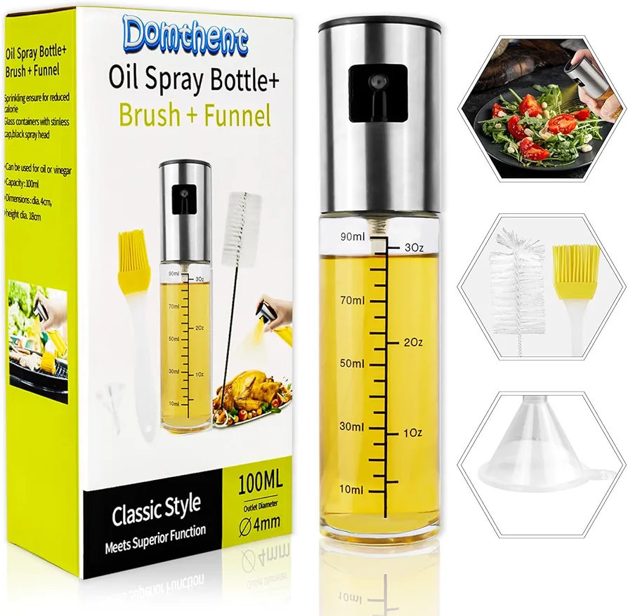 Oil Sprayer for Cooking Set,Oil Dispenser for Kitchen with Funnel Oil Brush and Cleaning Brush,100ml Olive Oil Dispenser Bottle with Scale for Air Fryer,BBQ,Roasting,Salad (1)