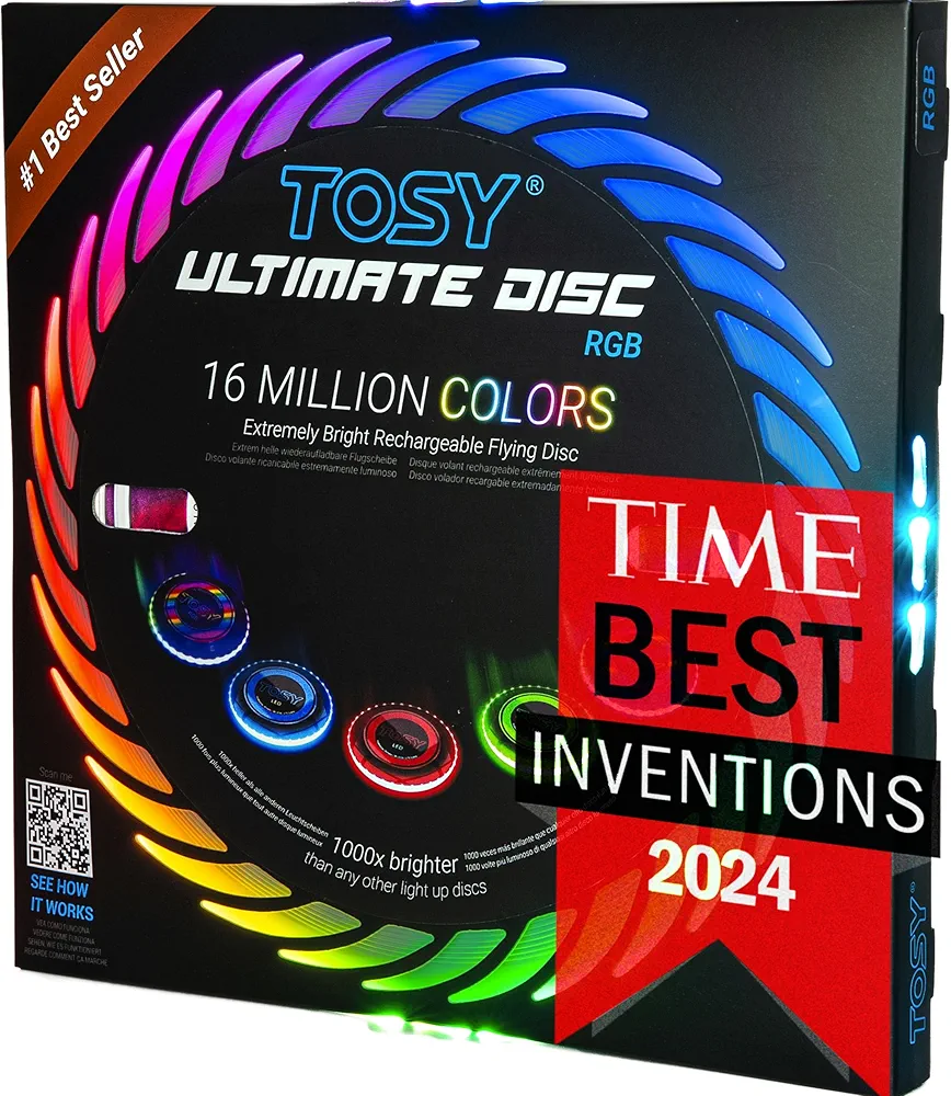 TOSY Flying Disc - 16 Million Color RGB or 36 LEDs, Extremely Bright, Smart Modes, Auto Light Up, Rechargeable, Cool Fun Christmas, Birthday & Camping Gift for Men/Boys/Teens/Kids, 175g Frisbee