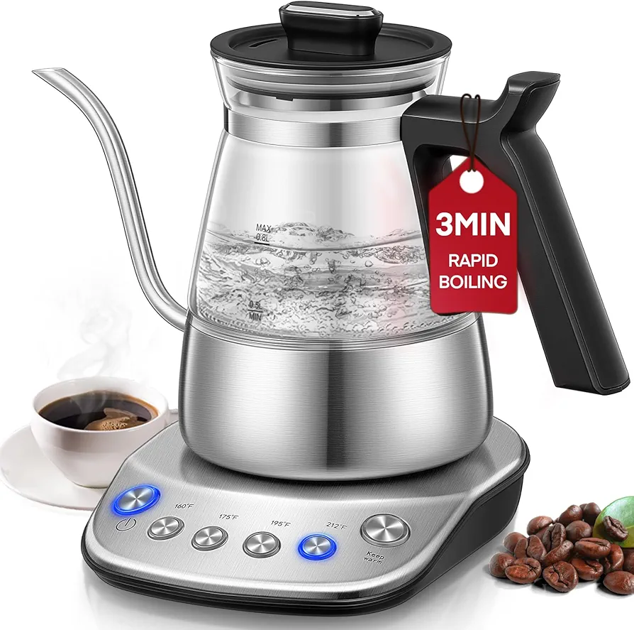 Electric Gooseneck Kettle, Glass Electric Tea Kettle with 4 Temperature Control Presets and Keep Warm Function, Pour Over Kettle for Coffee and Tea, Hot Water Boiler, Quick Heating, 1200W/0.8L