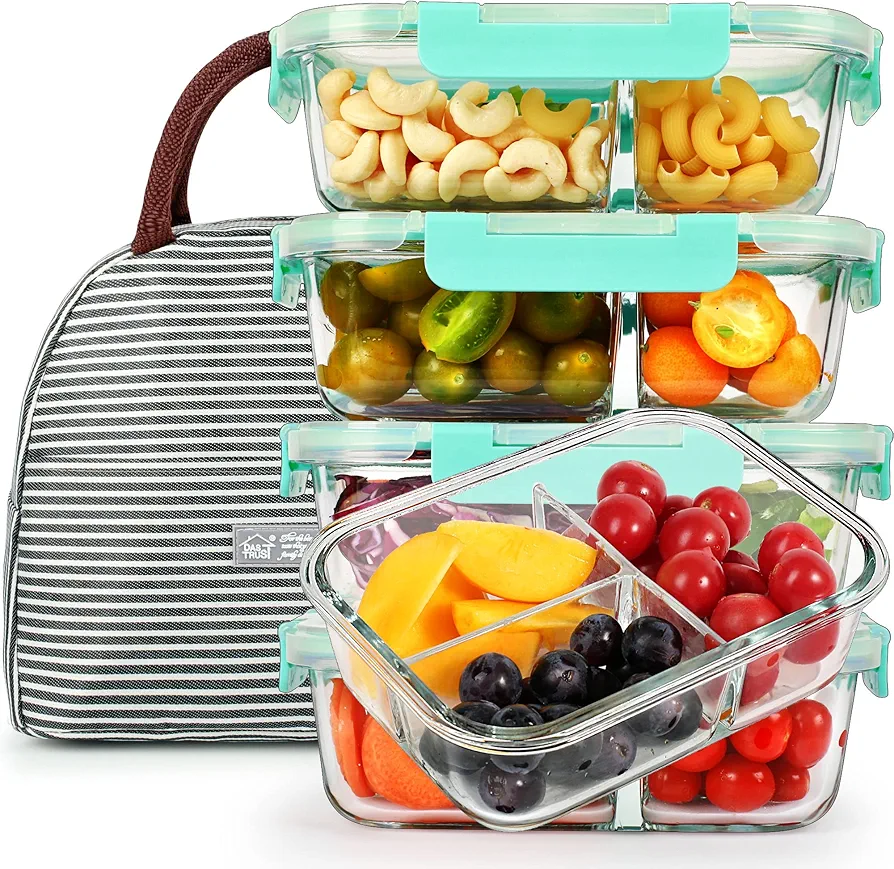 DAS TRUST 5 Pack 36oz Bento Box Glass Meal Prep Container 3 Compartments Glass Food Storage Containers with Lids Meal Prep Bowls Lunch Box Glass Food Prep Containers Lunch Containers for Oven