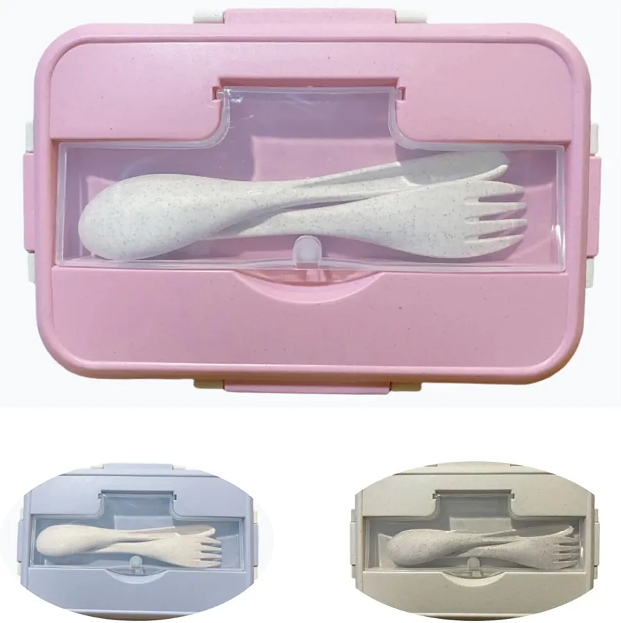 7-Cup Bento Lunch Box with Fork and Spoon, Eco-Friendly Green Made of Wheat Straw, Leak-proof Insulated Lunch Container, 3 Compartments, 100% Food Grade Microwave Safe BPA-Free food Container (Pink)