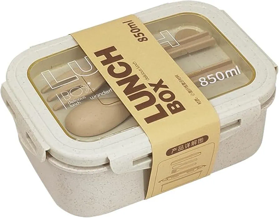 Bento Box Adult Lunch Box with 2 Compartments Bento Lunch Containers with Tableware Storage Japanese Style Bento Box Leakproof Microwave Dishwasher Safe Lunchbox for Work On-The-Go Picnic Beige