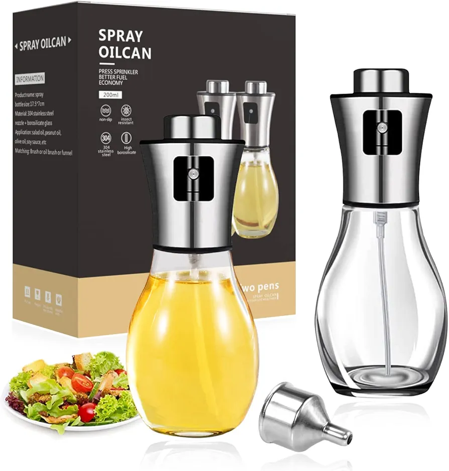 Oil Sprayer for Cooking, Olive Oil Sprayer Mister for Air Fryer, 200ml Glass Olive Oil Spray Bottle, Oil Spritzer Dispenser for Kitchen Baking Frying (2 Piece Set)