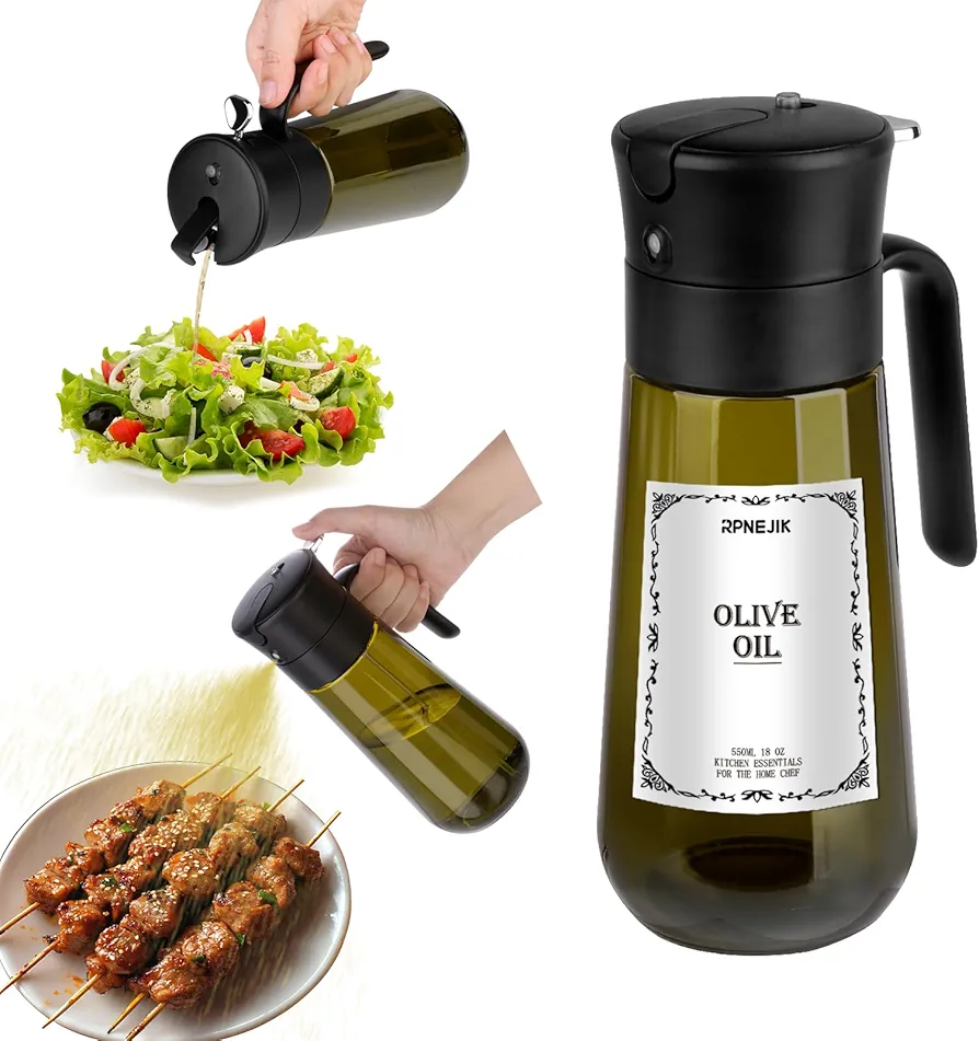 18OZ Glass Kitchen Maiden 2 in 1 Olive Oil Dispenser and Sprayer for Cooking, Oil Dispenser Bottle Spray and Pour for Kitchen Dark Green (Light Blockage)