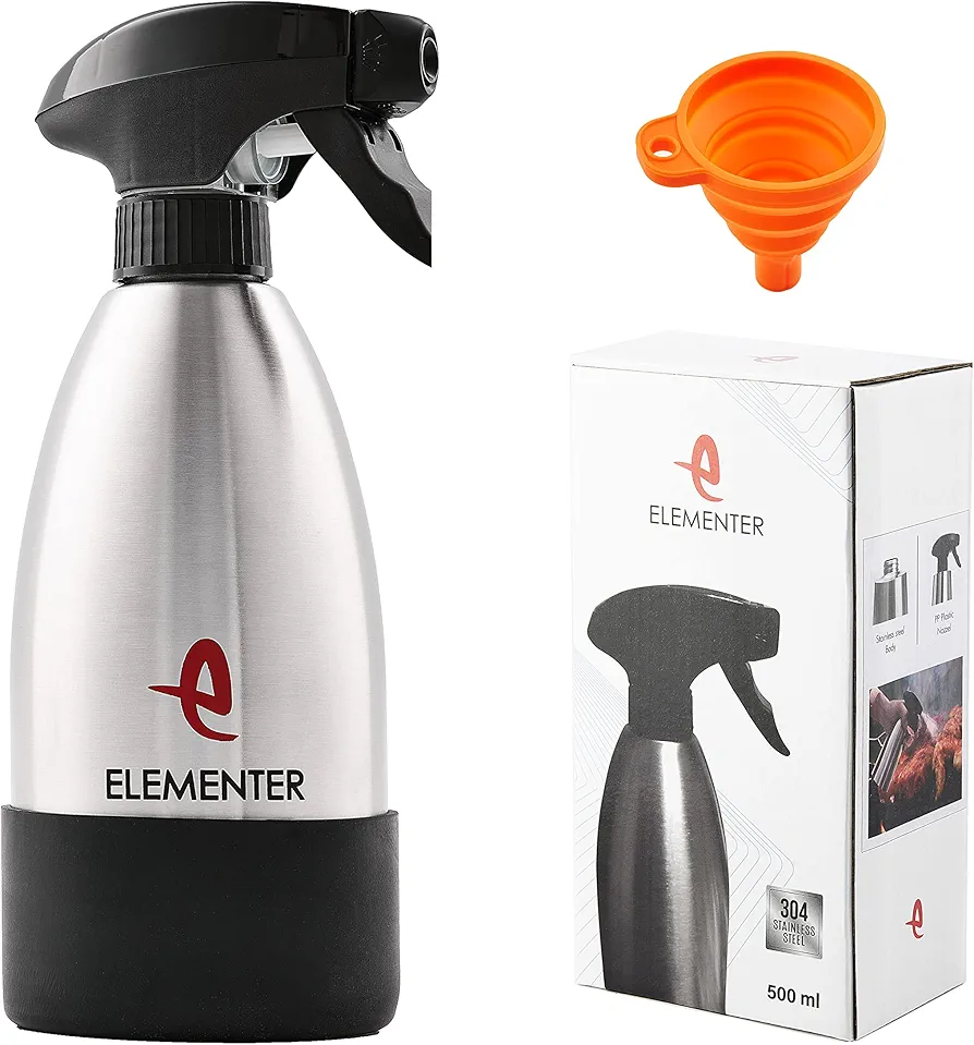Oil sprayer for cooking - 304 stainless steel design with refill funnel for no mess! Perfect olive oil sprayer looks great in any kitchen. Perfect for gifts. (ELEM_001)