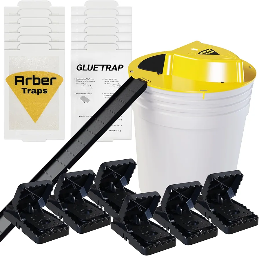 Arber Traps Bucket Lid Mouse Trap, Fits on 5 Gallon + 12 Pcs Sticky Mouse Traps Glue + 6 Pcs Spring Snap Traps for Mice - Multi Catch Humane Mouse Trap for Indoor and Outdoor Used