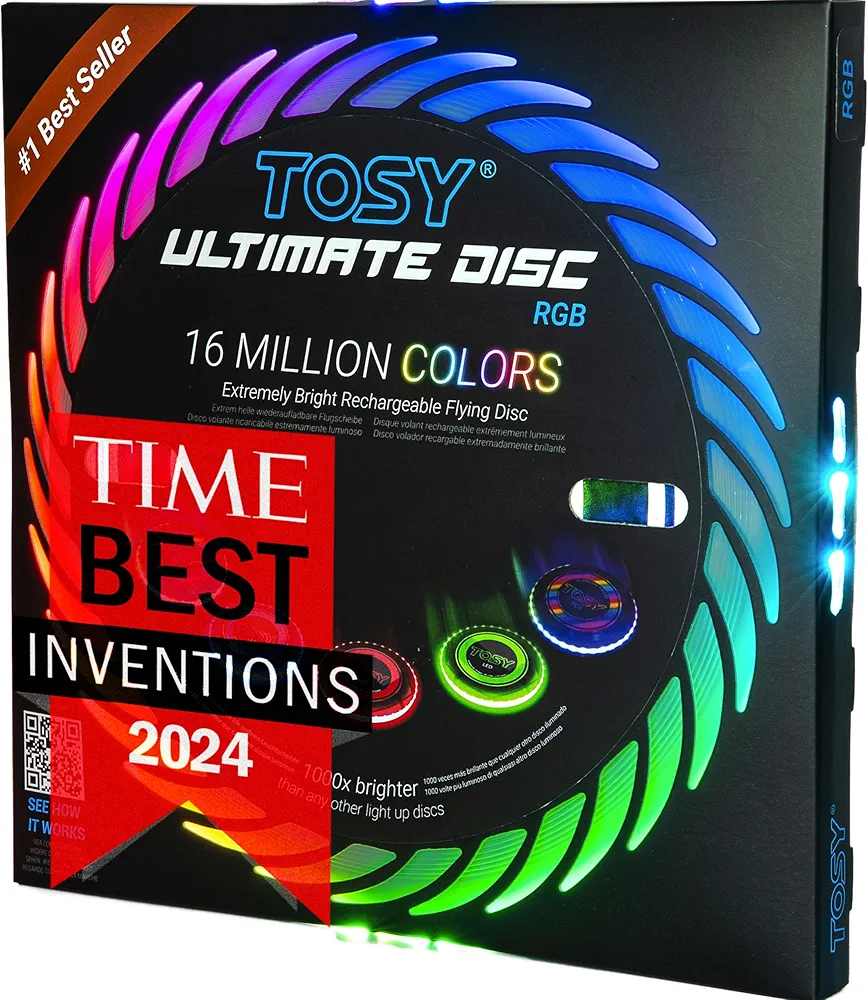 TOSY Flying Disc - 16 Million Color RGB or 36 LEDs, Extremely Bright, Smart Modes, Auto Light Up, Rechargeable, Cool Fun Christmas, Birthday & Camping Gift for Men/Boys/Teens/Kids, 175g Frisbee