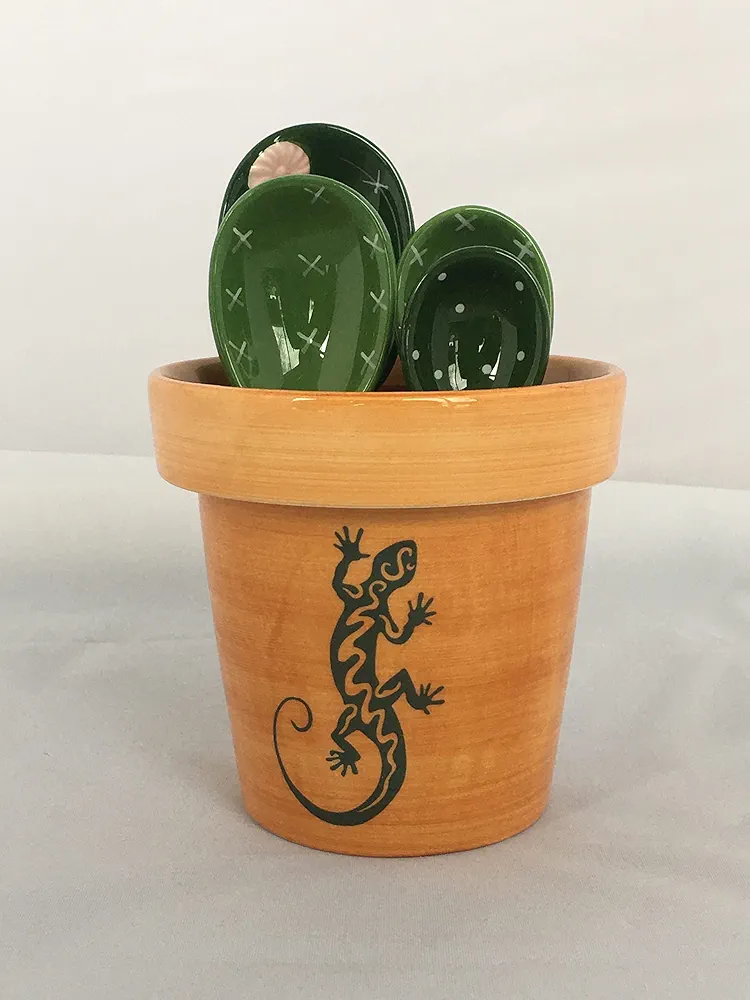 Eminent Love Cactus Measuring Spoons Set in Pot – 6-Pcs Set Ceramic Cactus Measuring Spoons with Measuring Cup and Lid – Cute Gecko Lizard – Measuring Cups and Spoons Set for Baking, Cooking