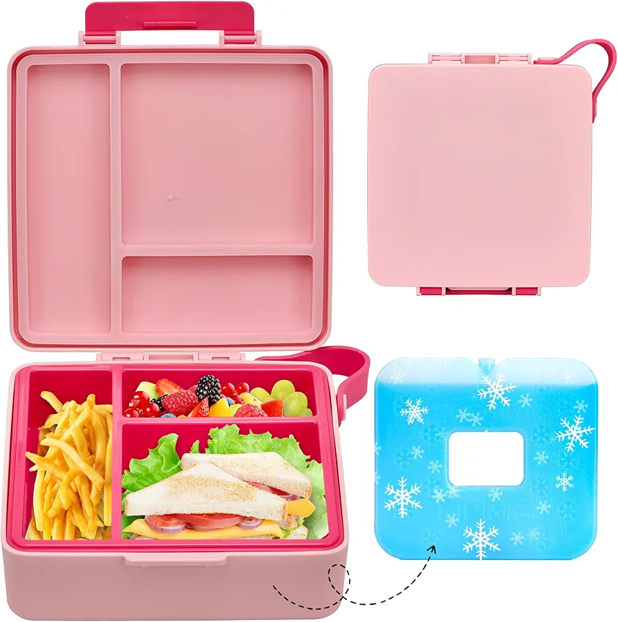 Chill Bento Lunch Box for Kids Adult with Ice Pack,Leak Proof 3 Compartments Lunch Container for Kids,Ice Pack Detachable Bento Box,BPA Free,Dishwasher & Microwave Safe-Pink
