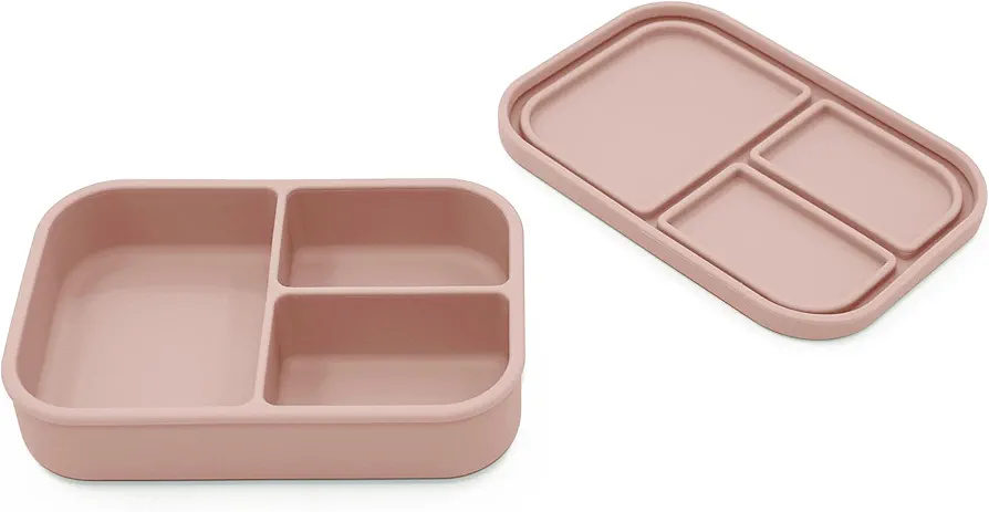 nouka Bento Lunch Box - Snack & Daycare Size | 3-Sealed Leak Proof Compartments | Made of Food Grade Silicone | Soft Blush