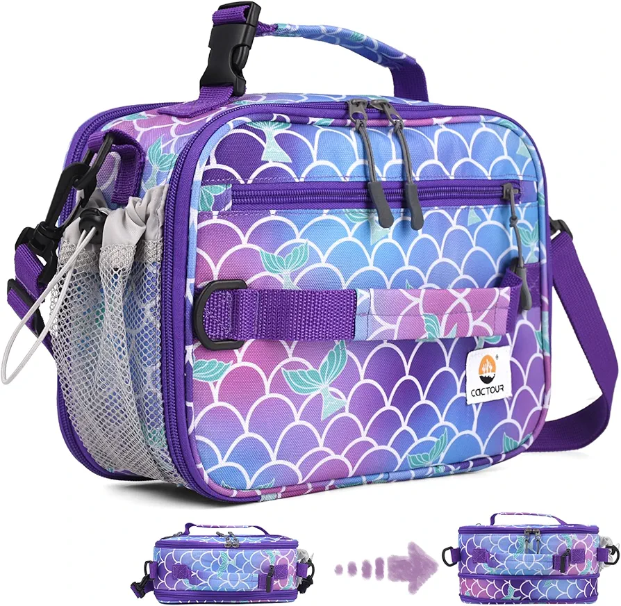 Insulated Lunch Bag,Expandable Lunch Box,Double Zipper & Lunch Bag Kids with Strap,Lightweight Reusable Lunch Tote Bag for Adults Boys Girls,Meal Containers for Work,School,Picnic (Mermaid)