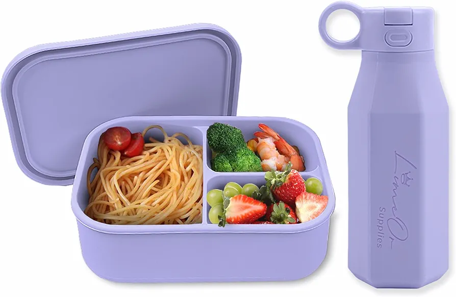 Combo Silicone Bento Box for Kids and flat Water Bottle | Silicone lunch box containers kids, Ideal for School and Family Adventures - Small Water Bottle for purse- BPA Free (Pastel Lilac)