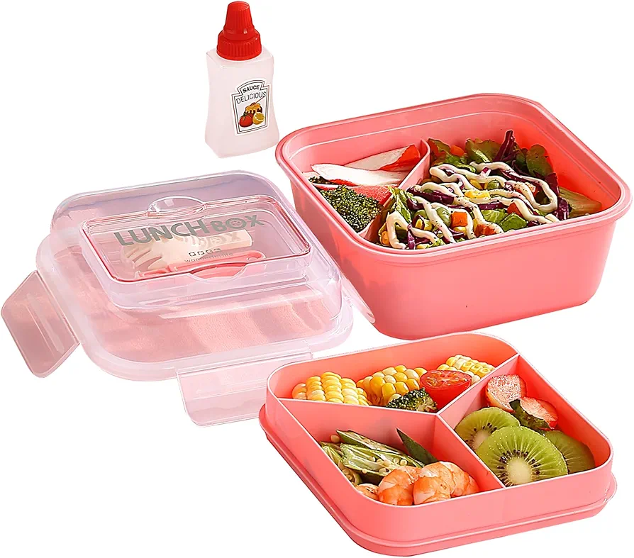 HSYTEK Lunch Box, Bento Box for Kids & Adults, Large capacity Salad Container with Leakproof Small Sauce Bottle, for Dining Out, Work, Picnic, BPA-Free