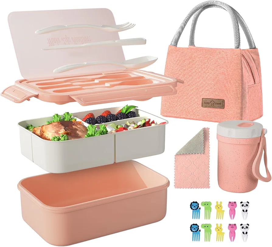 ZMYGOLON Bento Lunch Box Container Leak-proof for Kids Adults Teens School with 3 Compartments and Cup,Lunch Bag,Spoon,Fork (Pink)