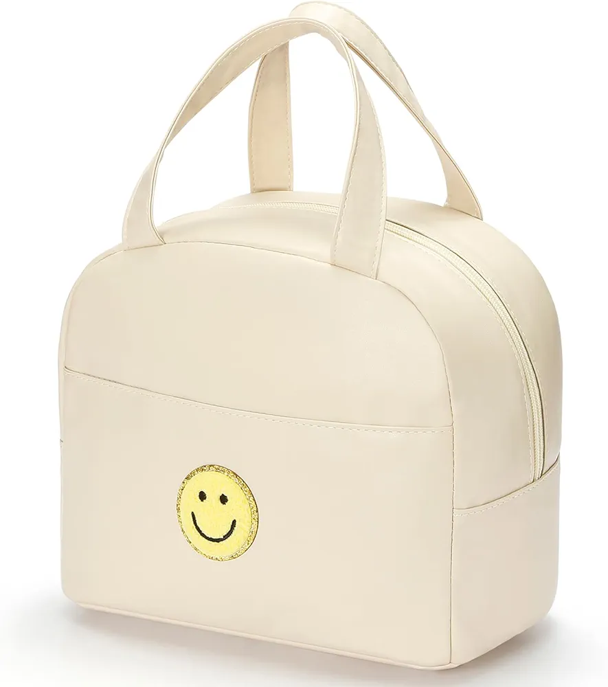 Lunch Bag for Women Large Insulated Box Reusable Tote with Preppy Bag,Soft Leather Lunchbag Work School Picnic Travel (White)